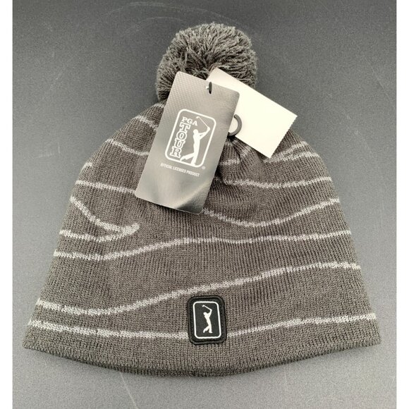 PGA Tour Other - PGA Tour‎ Mens Pom Beanie Hat Gray Striped Knit Golf Winter Cap NWT